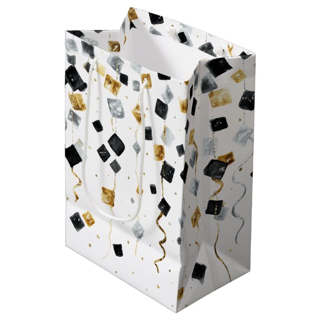 Gold Black Glam Confetti Christmas Medium Gift Bag (Front Angled)