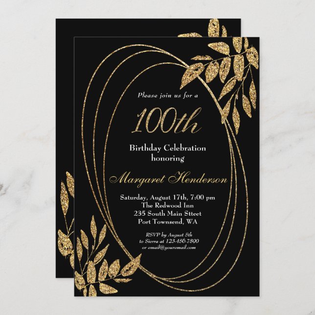 Gold Black Glitter 100th Birthday Celebration Invitation (Front/Back)