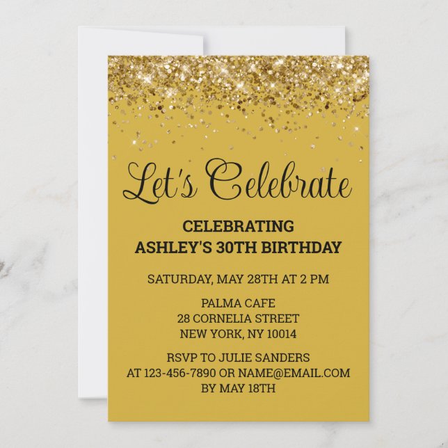 Gold Black Glitter 30th Birthday Let's Celebrate Invitation (Front)