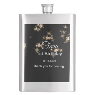 Gold black glitter add name birthday date year tex hip flask