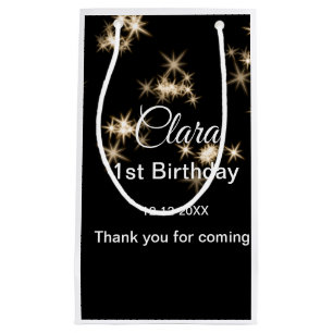 Gold black glitter add name birthday date year tex small gift bag