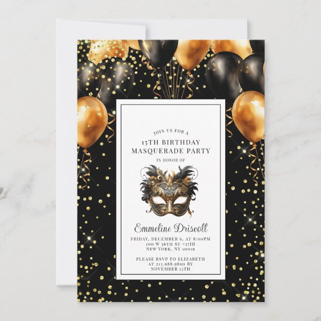 Gold Black Glitter Birthday Masquerade Party Invitation (Front)