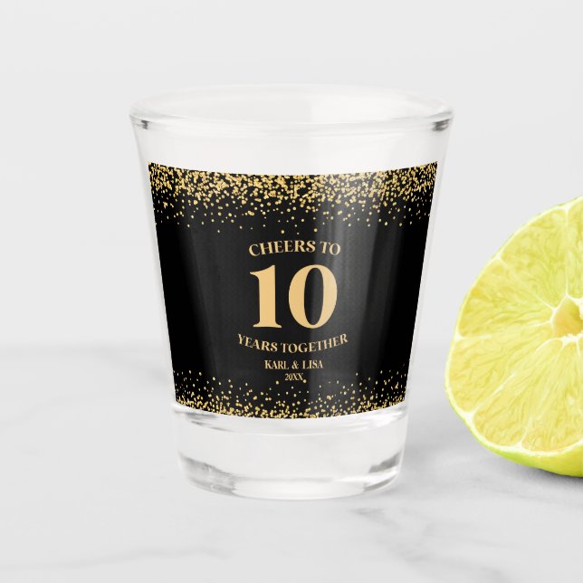 Gold Black Glitter Cheers To 10 Years Anniversary Shot Glass (Front)