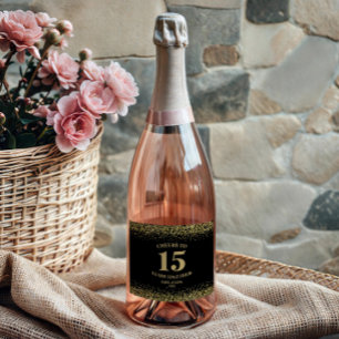 Gold Black Glitter Cheers To 15 Years Anniversary Sparkling Wine Label