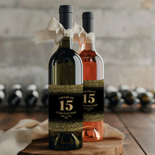 Gold Black Glitter Cheers To 15 Years Anniversary Wine Label
