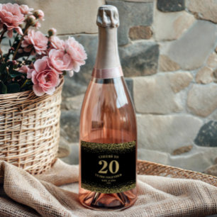Gold Black Glitter Cheers To 20 Years Anniversary Sparkling Wine Label