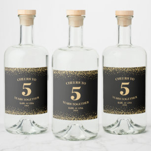 Gold Black Glitter Cheers To 5 Years Anniversary Liquor Bottle Label