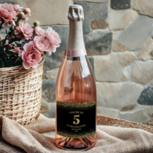 Gold Black Glitter Cheers To 5 Years Anniversary Sparkling Wine Label