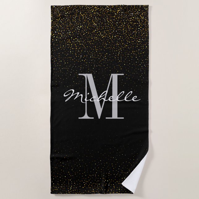 Gold & Black Glitter Custom Monogram First Name  Beach Towel (Front)