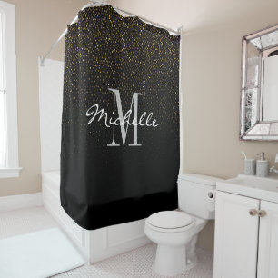 Gold & Black Glitter Custom Monogram First Name Shower Curtain