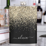 Gold Black Glitter Custom Monogram Name Hip Flask<br><div class="desc">Gold and Black Sparkle Glitter Brushed Metal Monogram Name and Initial Party Flask. This makes the perfect sweet 16 birthday,  wedding,  bridal shower,  anniversary,  baby shower or bachelorette party gift for someone that loves glam luxury and chic styles.</div>