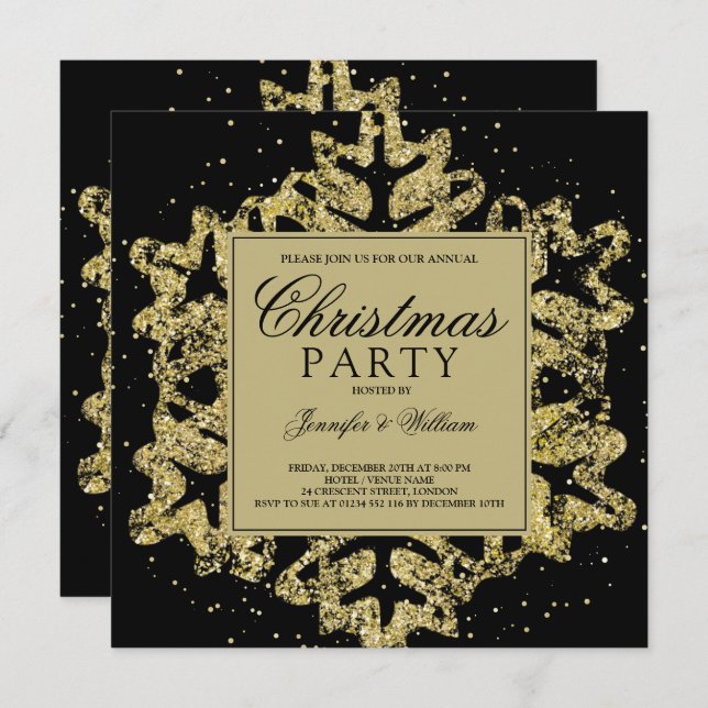 Gold & Black Glitter Elegant Xmas Holiday Party In Invitation (Front/Back)