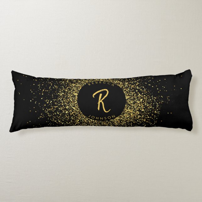 Gold & Black Glitter Frame Monogram Body Cushion (Front)