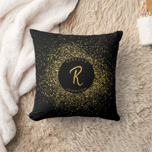 Gold & Black Glitter Frame Monogram Cushion