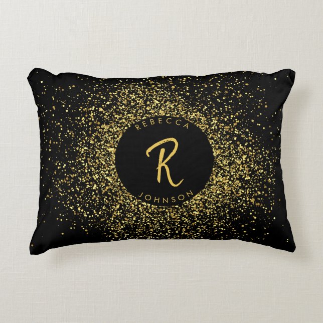 Gold & Black Glitter Frame Monogram Decorative Cushion (Front)