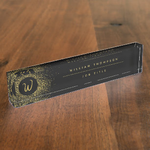 Gold & Black Glitter Frame Monogram Nameplate