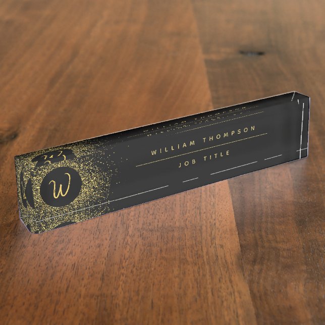 Gold & Black Glitter Frame Monogram Nameplate (Side)