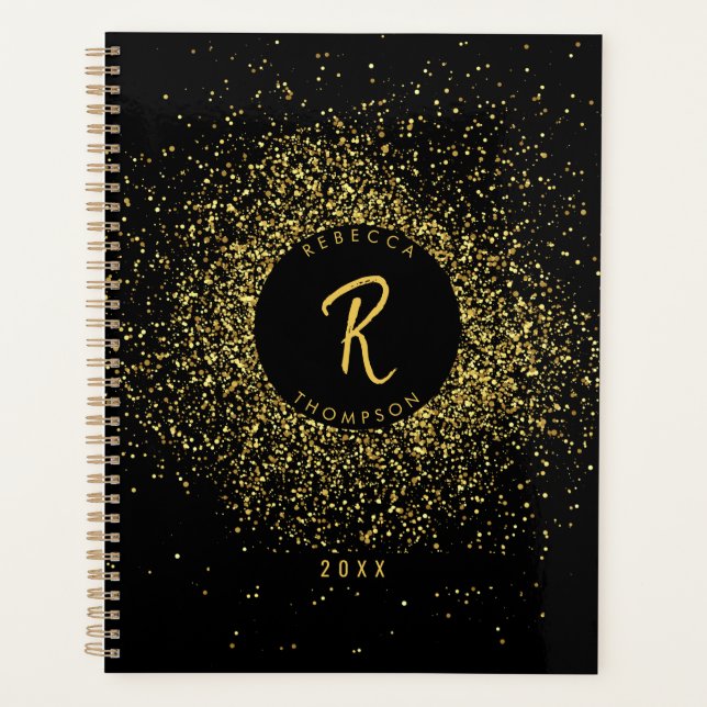 Gold & Black Glitter Frame Monogram  Planner (Front)