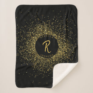 Gold & Black Glitter Frame Monogram Sherpa Blanket