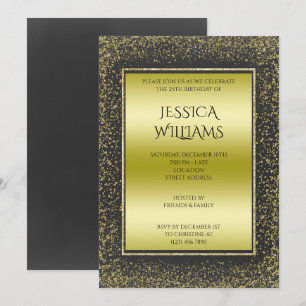 Gold & Black Glitter Framed Birthday Party Invitation
