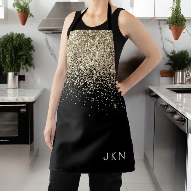 Gold Black Glitter Girly Monogram Initials Apron (Creator Uploaded)