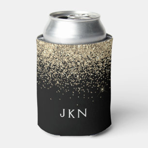 Gold Black Glitter Girly Monogram Initials Can Cooler