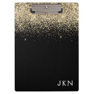 Gold Black Glitter Girly Monogram Initials Clipboard