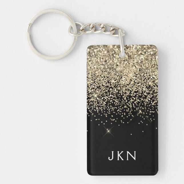 Gold Black Glitter Girly Monogram Initials Key Ring (Front)