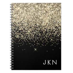 Gold Black Glitter Girly Monogram Initials Notebook