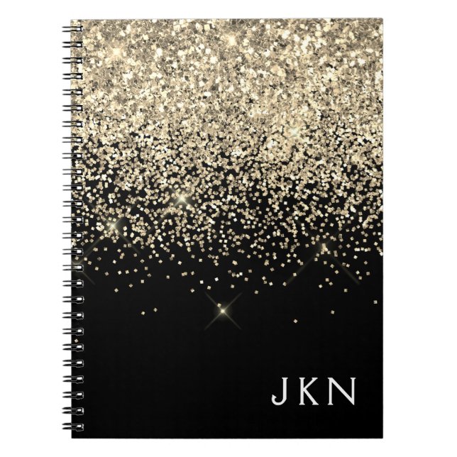 Gold Black Glitter Girly Monogram Initials Notebook (Front)