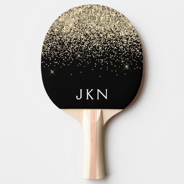 Gold Black Glitter Girly Monogram Initials Ping Pong Paddle (Front)