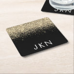 Gold Black Glitter Girly Name Initials Monogram Square Paper Coaster<br><div class="desc">Black and Gold Sparkle Glitter Monogram Name Paper Coasters. This makes the perfect graduation,  birthday,  wedding,  bridal shower,  anniversary,  baby shower or bachelorette party gift for someone that loves glam luxury and chic styles.</div>