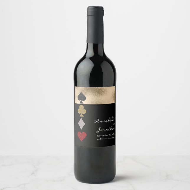 Gold & Black Glitter Las Vegas Casino Wedding Wine Label (Front)