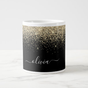 Gold Black Glitter Modern Monogram Name Large Coffee Mug