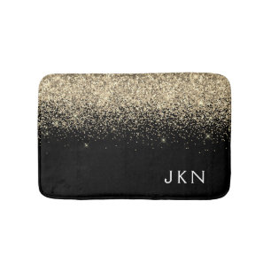 Gold Black Glitter Monogram Initials Monogram Bath Mat