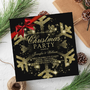 Gold Black Glitter & Ribbon Xmas Holiday Party Invitation