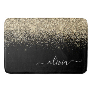 Gold Black Glitter Script Monogram Girly Name Bath Mat