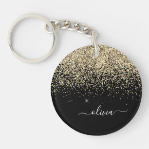 Gold Black Glitter Script Monogram Girly Name Key Ring