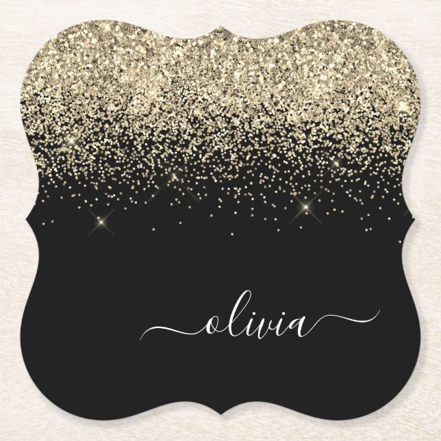 Gold Black Glitter Script Monogram Girly Name Paper Coaster (Front)