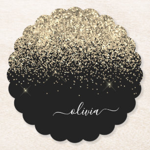 Gold Black Glitter Script Monogram Girly Name Paper Coaster