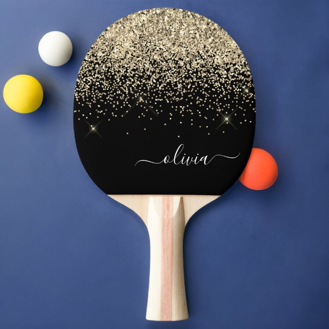 Gold Black Glitter Script Monogram Girly Name Ping Pong Paddle (Creator Uploaded)