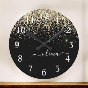 Gold Black Glitter Script Monogram Girly Name Round Clock