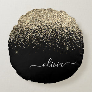Gold Black Glitter Script Monogram Girly Name Round Cushion