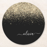 Gold Black Glitter Script Monogram Girly Name Round Paper Coaster<br><div class="desc">Black and Gold Sparkle Glitter Script Monogram Name Paper Coasters. This makes the perfect graduation,  birthday,  wedding,  bridal shower,  anniversary,  baby shower or bachelorette party gift for someone that loves glam luxury and chic styles.</div>