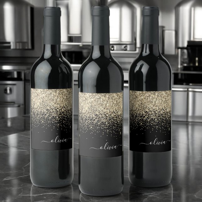 Gold Black Glitter Script Monogram Girly Name Wine Label (Creator Uploaded)