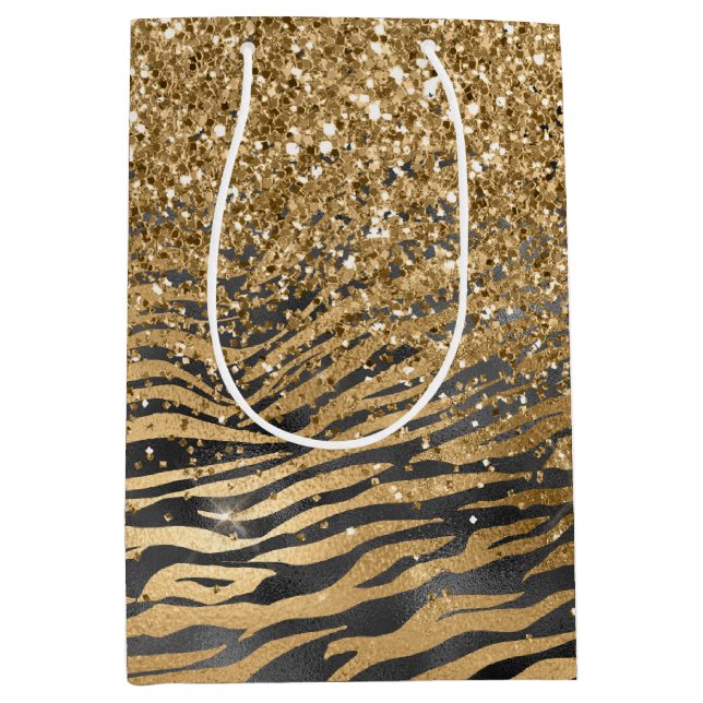 Gold Black Glitzy Glitter Sparkle Zebra Print Medium Gift Bag (Front)