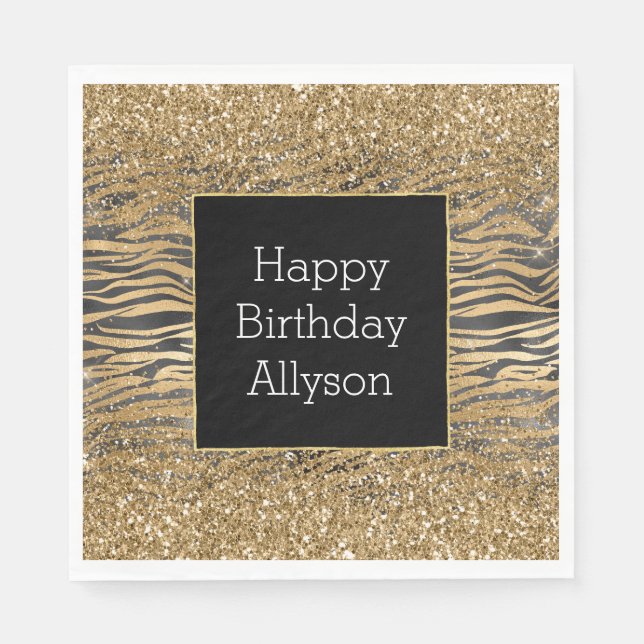 Gold Black Glitzy Glitter Sparkle Zebra Print Napkin (Front)