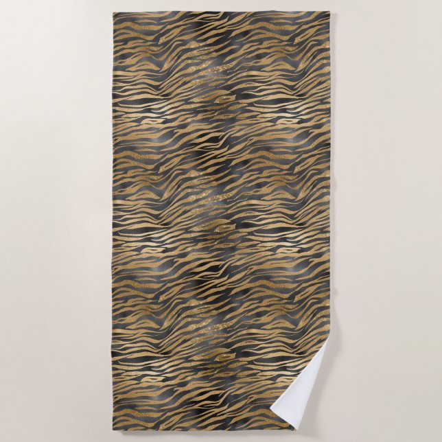 Gold Black Glitzy Sparkle Zebra Print Beach Towel (Front)