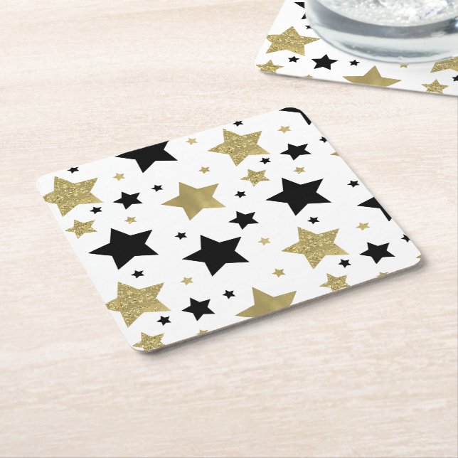Gold Black Glitzy Stars Square Paper Coaster (Angled)