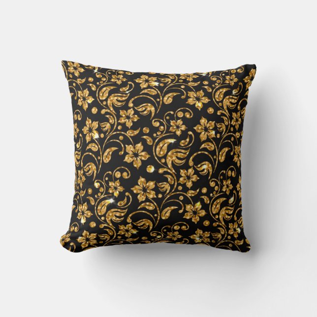 Gold Black Glossy Floral Cushion (Front)